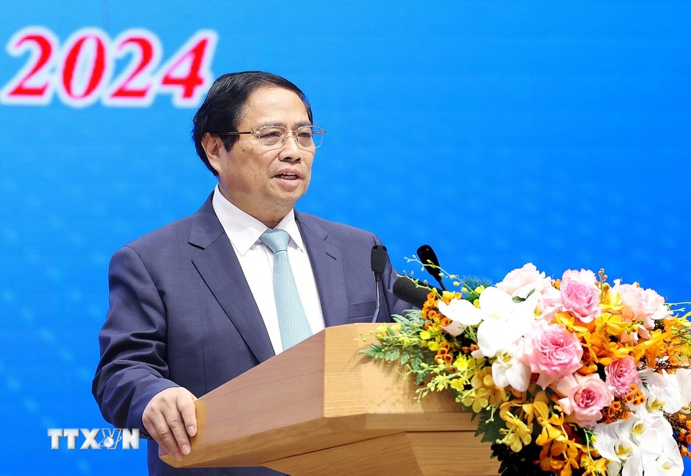 Thủ tướng Phạm Minh Chính phát biểu tại cuộc đối thoại với thanh niên năm 2024. (Ảnh: Dương Giang/TTXVN)