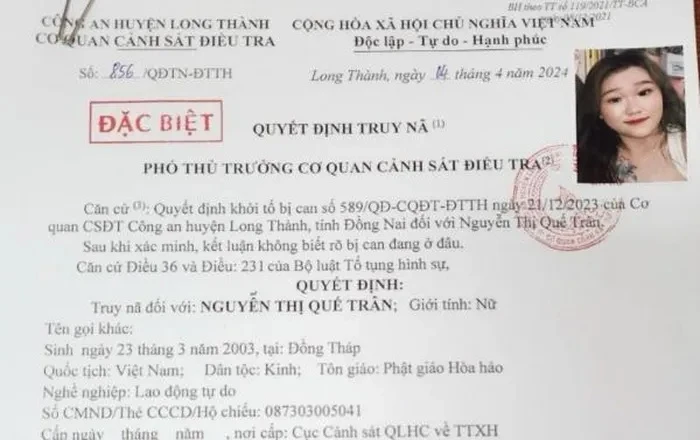 Quyết định truy nã đối tượng Nguyễn Thị Quế Trân trước đó.
