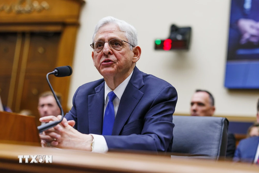 Bộ trưởng Tư pháp Mỹ Merrick Garland phát biểu trong phiên điều trần tại Ủy ban Tư pháp Hạ viện Mỹ ở Washington, D.C., ngày 4/6/2024. (Ảnh: THX/TTXVN)