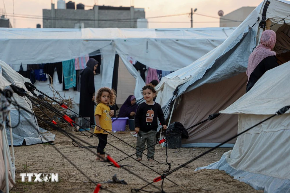 Trẻ em Palestine sơ tán tránh xung đột tại khu lều trại của Cơ quan cứu trợ và việc làm của LHQ dành cho người tị nạn Palestine (UNRWA) ở thành phố Khan Younis, phía Nam Dải Gaza. (Ảnh: THX/TTXVN)