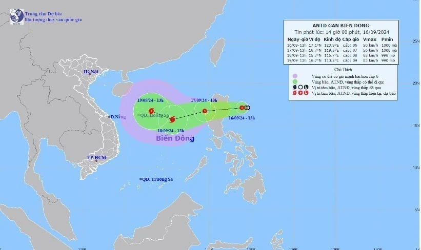 Hướng di chuyển của áp thấp nhiệt đới. (Ảnh: TTXVN phát)