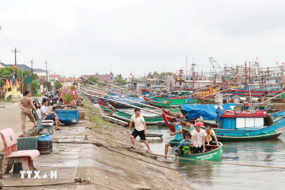 Ngư dân Quảng Trị di chuyển vào bờ để bảo đảm an toàn trước áp thấp nhiệt đới. (Ảnh: Nguyên Lý/TTXVN)