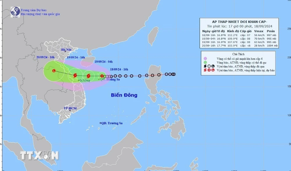 Đường đi của vùng áp thấp lúc 16h ngày 18/9/2024. (Ảnh: TTXVN phát)