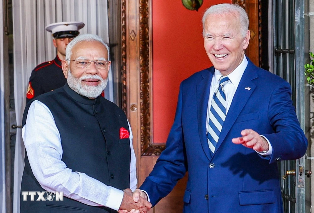 Thủ tướng Ấn Độ Narendra Modi (trái) và Tổng thống Mỹ Joe Biden tại cuộc gặp ở bang Delaware ngày 21/9/2024. (Ảnh: ANI/TTXVN)