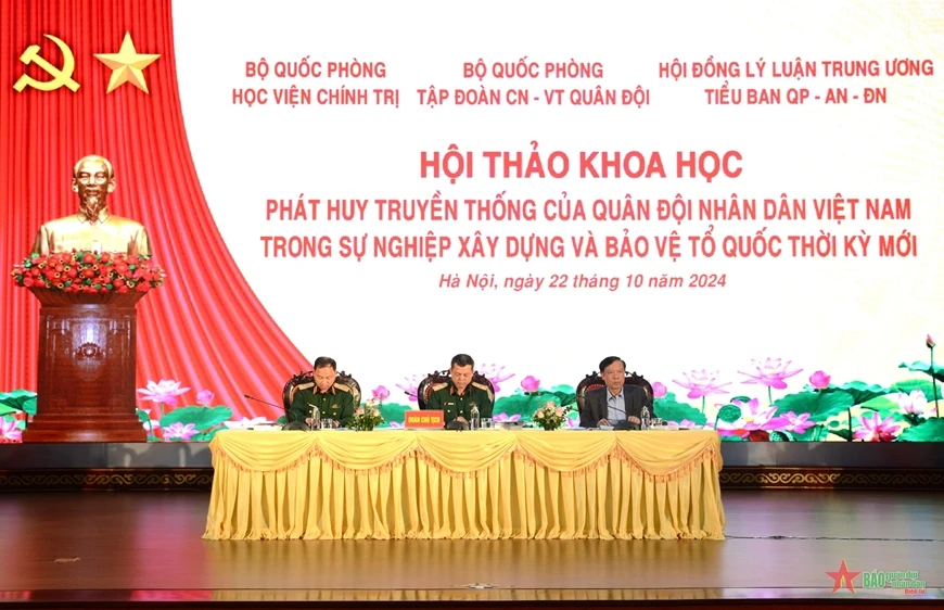 Lãnh đạo Học viện chính trị, Tập đoàn Công nghiệp-Viễn thông Quân đội và Hội đồng Lý luận Trung ương đồng chủ trì hội thảo. (Nguồn: Báo Quân đội Nhân dân)