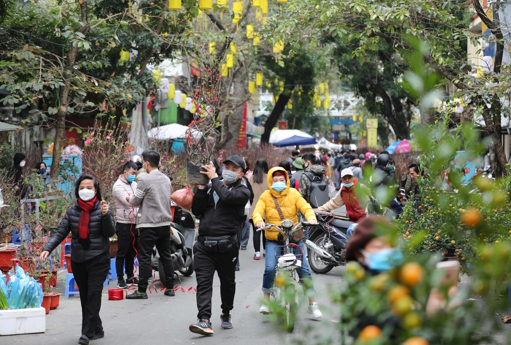 Chợ hoa truyền thống Hàng Lược hút khách ngày cận Tết. (Ảnh: Thanh Tùng/TTXVN)