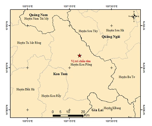 Trận động đất có độ lớn 4.0 xảy ra tại huyện Kon Plông, tỉnh Kon Tum. (Nguồn: Viện VLĐC)
