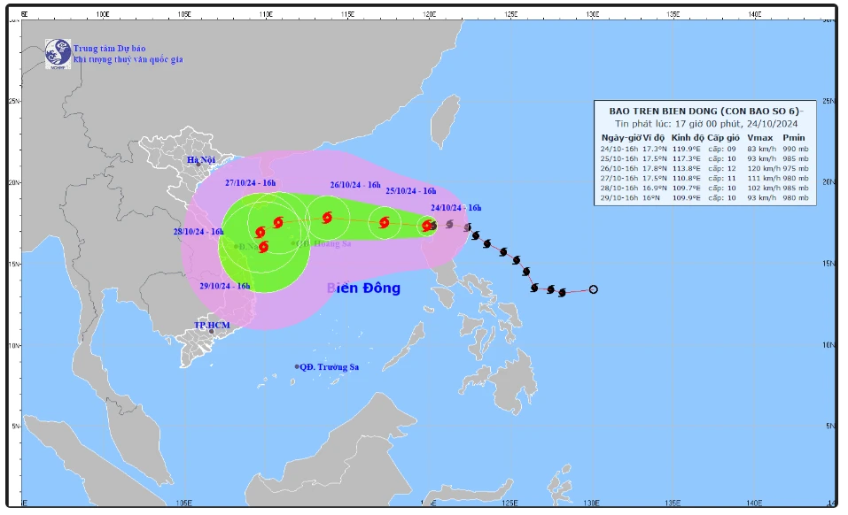 Hình ảnh về hướng di chuyển của cơn bão số 6. (Nguồn: Tổng cục Khí tượng Thủy văn)