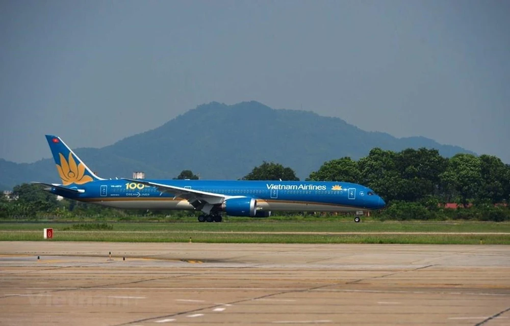 Máy bay của hãng hàng không Vietnam Airlines trên đường băng ở một sân bay. (Ảnh: Việt Hùng/Vietnam+)