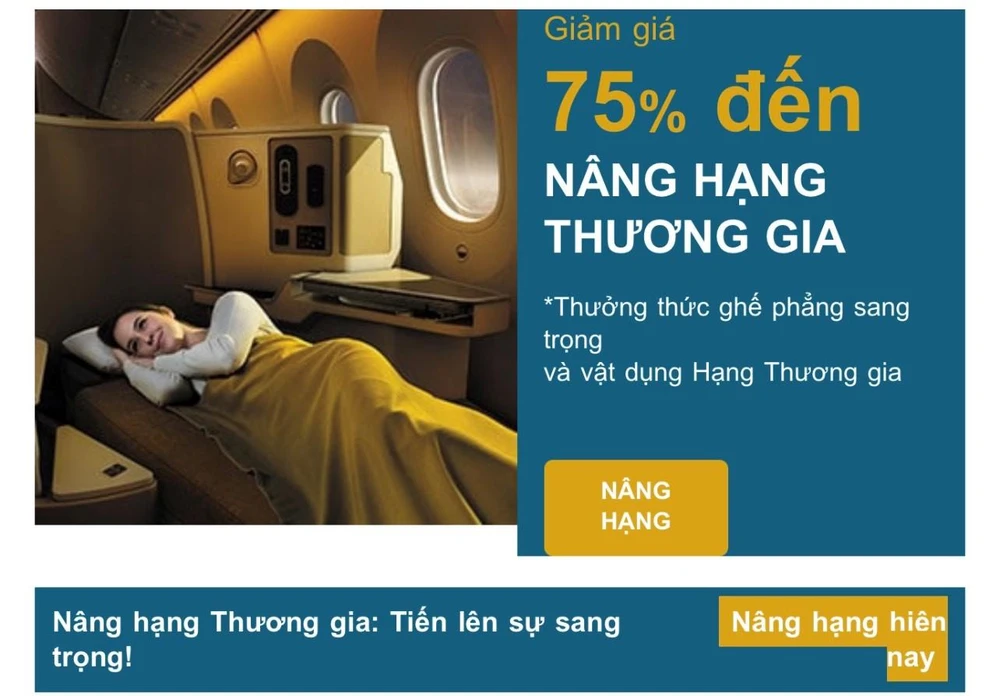 Trang quảng cáo của Vietnam Airlines về nâng hạng vé (Ảnh chụp màn hình)
