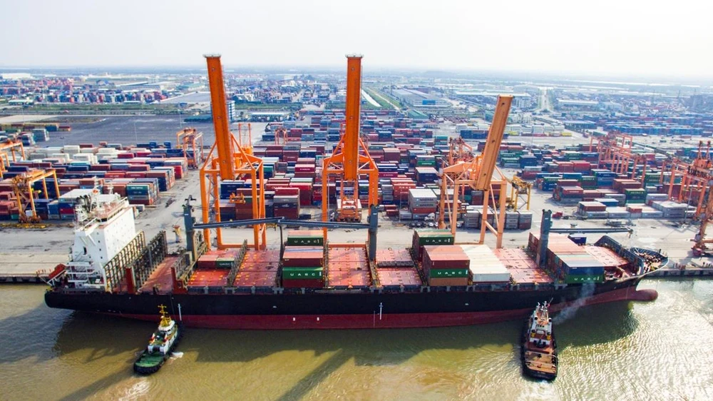 Bốc xếp hàng hóa container tại cảng biển Hải Phòng. (Ảnh: CTV/Vietnam+)