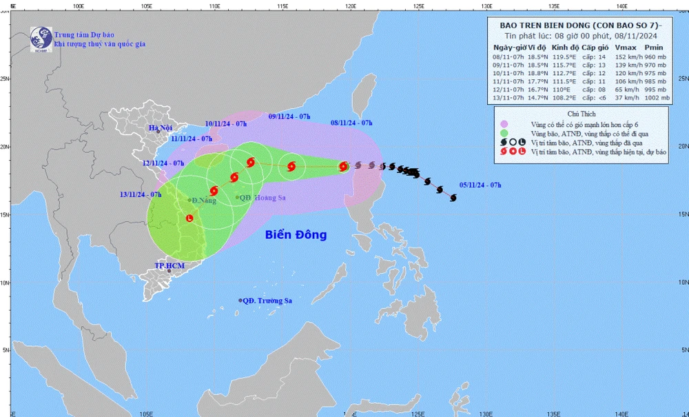 Hình ảnh đường đi của cơn bão Yinxing cập nhật lúc 5h ngày 8/11. (Nguồn: nchmf)