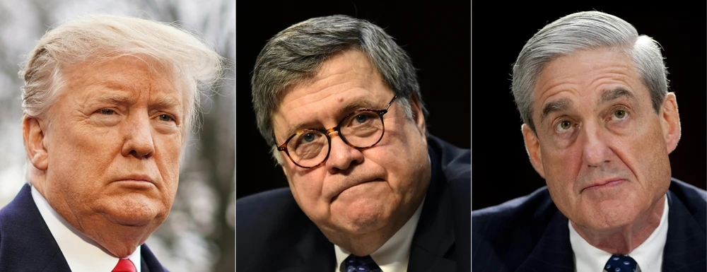 Từ trái sang: Tổng thống Mỹ Donald Trump, Tổng Chưởng lý Mỹ William Barr và Công tố viên đặc biệt Robert Mueller. (Ảnh: AFP/TTXVN) 