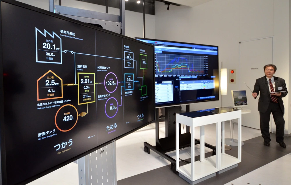 Hệ thống panel kiểm soát năng lượng của hãng công nghệ cao Toshiba của Nhật Bản được giới thiệu tại Trung tâm nghiên cứu và phát triển khí hydro ở Tokyo. (Ảnh: AFP/TTXVN)