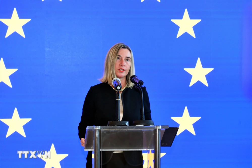 Đại diện cấp cao của EU về chính sách an ninh và đối ngoại Federica Mogherini phát biểu tại hội nghị ở Kuwait City ngày 14/7/2019. (Ảnh: THX/TTXVN)