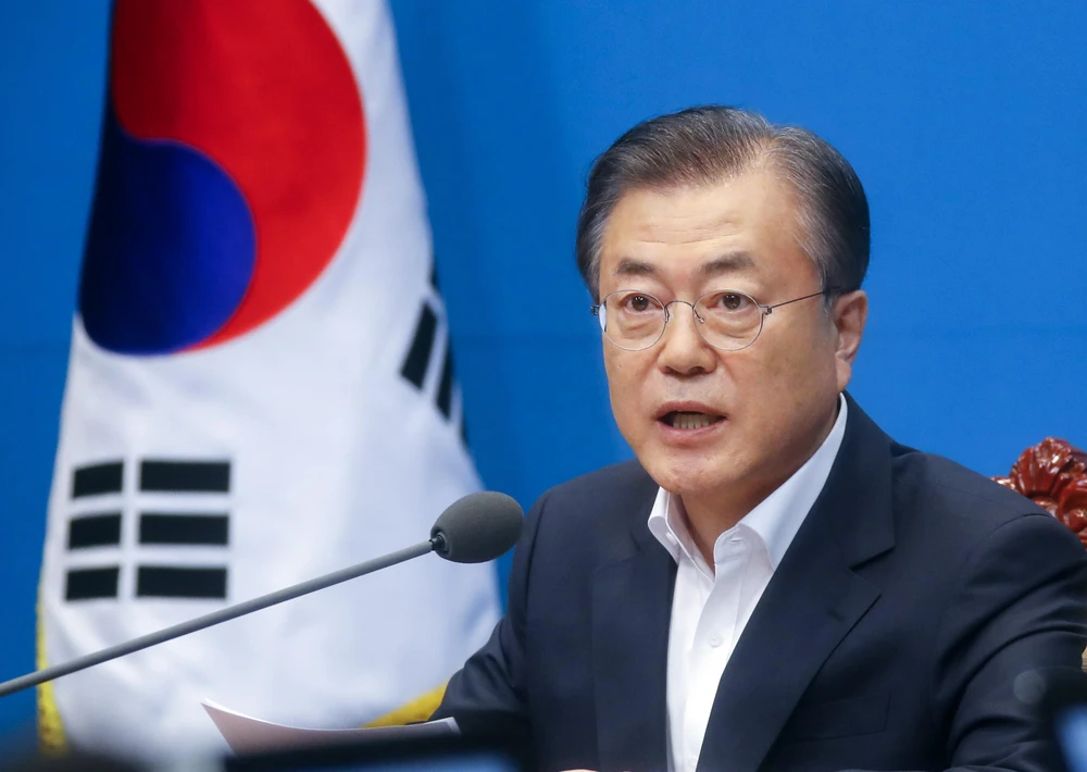 Tổng thống Hàn Quốc Moon Jae-in phát biểu tại cuộc họp ở Seoul ngày 2/8/2019. (Ảnh: Yonhap/TTXVN)