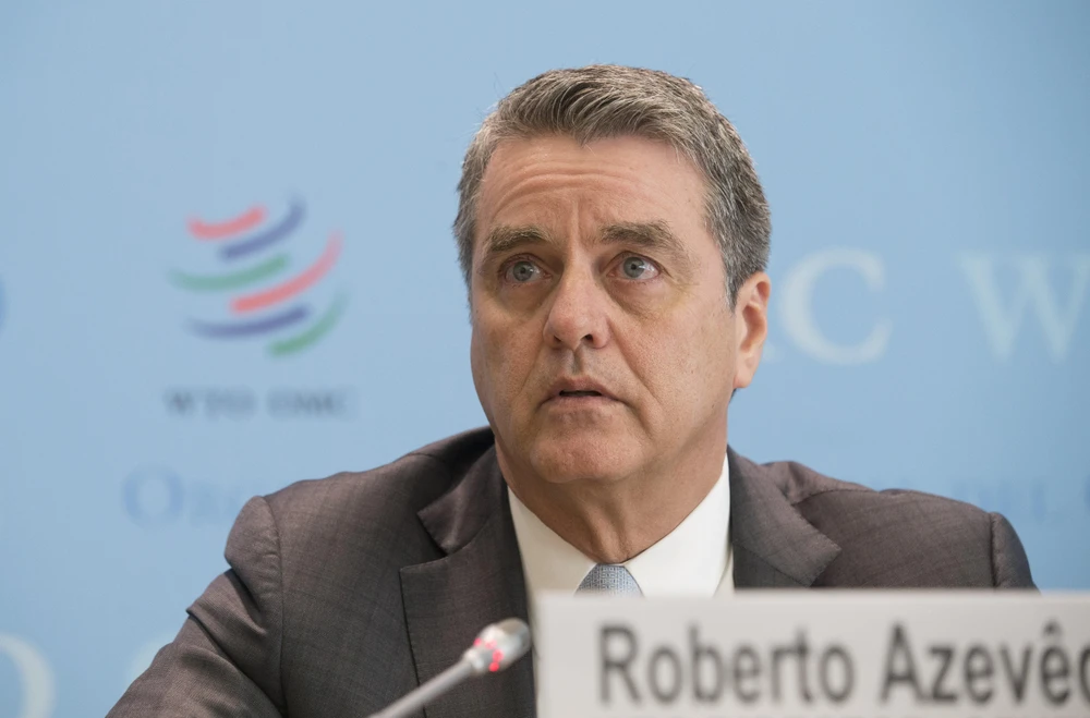 Tổng Giám đốc Tổ chức Thương mại thế giới (WTO) Roberto Azevedo phát biểu trong cuộc họp báo ở Geneva, Thụy Sĩ, ngày 2/4/2019. (Ảnh: THX/TTXVN)