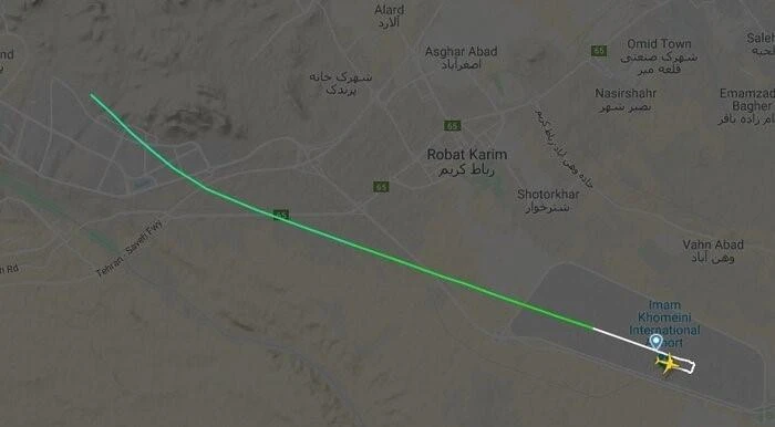 Bản đồ hiển thị hành trình máy bay Boeing 737 của Hãng hàng không Ukraine chở 180 hành khách bị rơi gần sân bay Imam Khomeini ở thủ đô Tehran của Iran, ngày 8/1/2020. (Ảnh: IRNA/TTXVN)