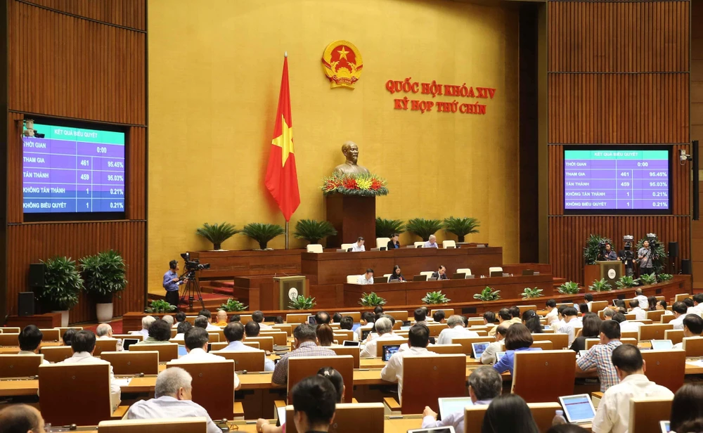 Biểu quyết thông qua Nghị quyết về công nhận và cho thi hành phán quyết của cơ quan giải quyết tranh chấp theo quy định của Hiệp định Bảo hộ đầu tư Việt Nam-EU (EVIPA). (Ảnh: Doãn Tấn/TTXVN)