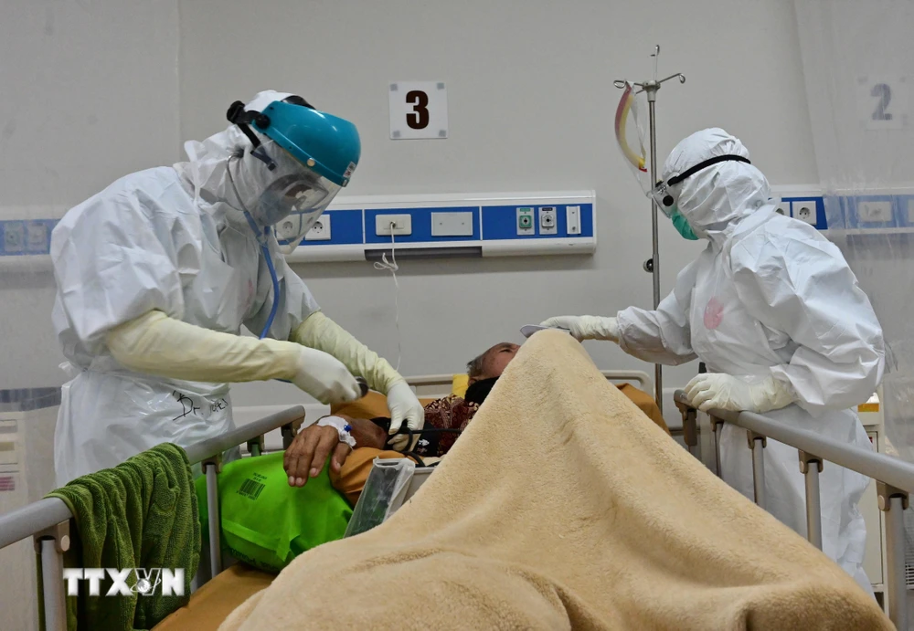 Nhân viên y tế điều trị cho bệnh nhân COVID-19 tại thành phố Bogor, Tây Java, Indonesia ngày 3/9/2020. (Ảnh: AFP/TTXVN)