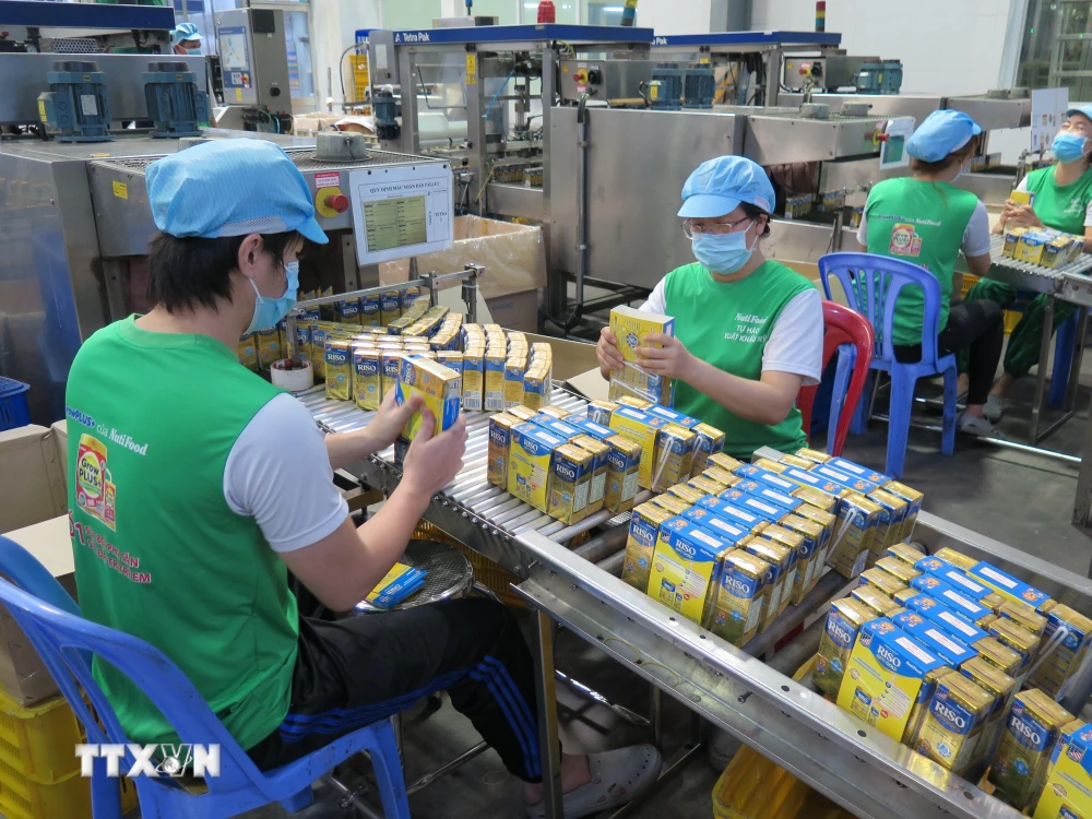 Kiểm tra và đóng gói sữa vào thùng tại nhà máy Nutifood Bình Dương (KCN Mỹ Phước I, Bến Cát). (Ảnh: Minh Hưng/TTXVN)
