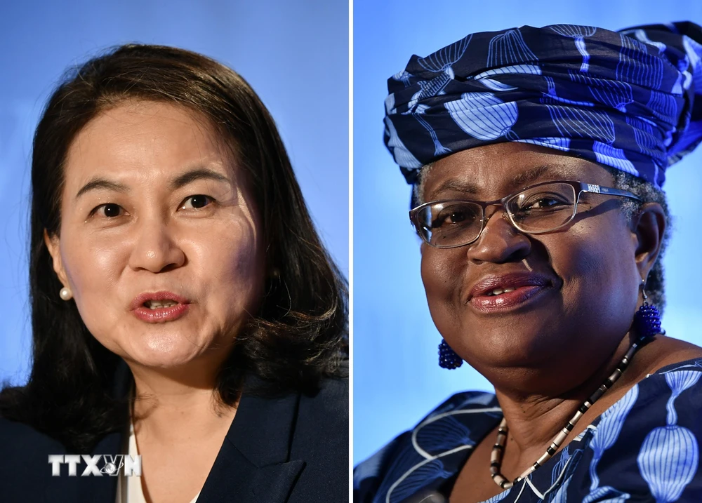 Bộ trưởng Thương mại Hàn Quốc Yoo Myung-hee (trái) tại Geneva (Thụy Sĩ) ngày 16/7/2020 và Cựu Bộ trưởng Tài chính Nigeria Ngozi Okonjo-Iweala tại Geneva ngày 15/7/2020. (Ảnh: AFP/TTXVN)