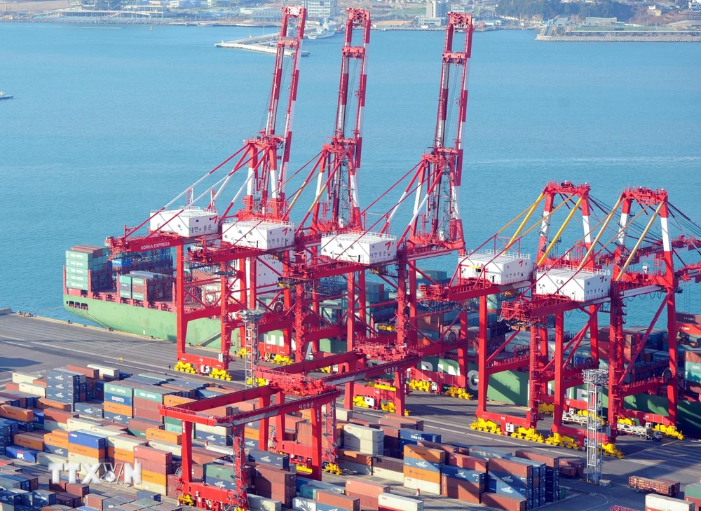 Container hàng hóa được bốc dỡ tại thành phố cảng Busan, Đông Nam Hàn Quốc ngày 11/1/2011. (Ảnh: AFP/TTXVN)