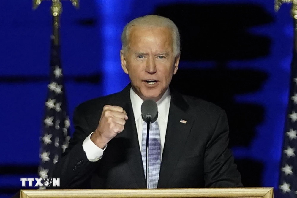 Ông Joe Biden phát biểu tại Wilmington, bang Delaware sau khi được tuyên bố giành chiến thắng trong cuộc bầu cử Tổng thống Mỹ, ngày 7/11/2020. (Ảnh: AFP/TTXVN)