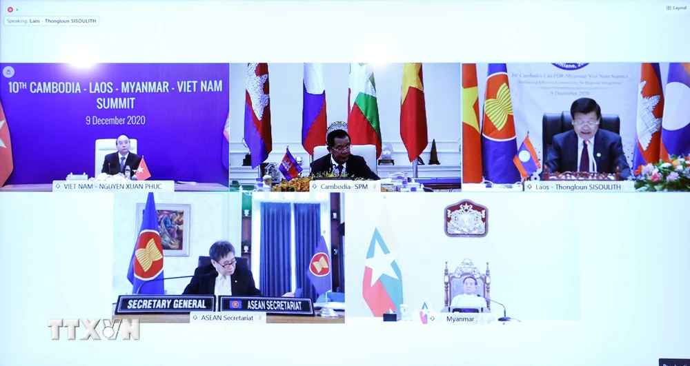 Lãnh đạo các nước Campuchia-Lào-Myanmar tham dự CLMV lần thứ 10 theo hình thức trực tuyến. (Ảnh: Thống Nhất/TTXVN)