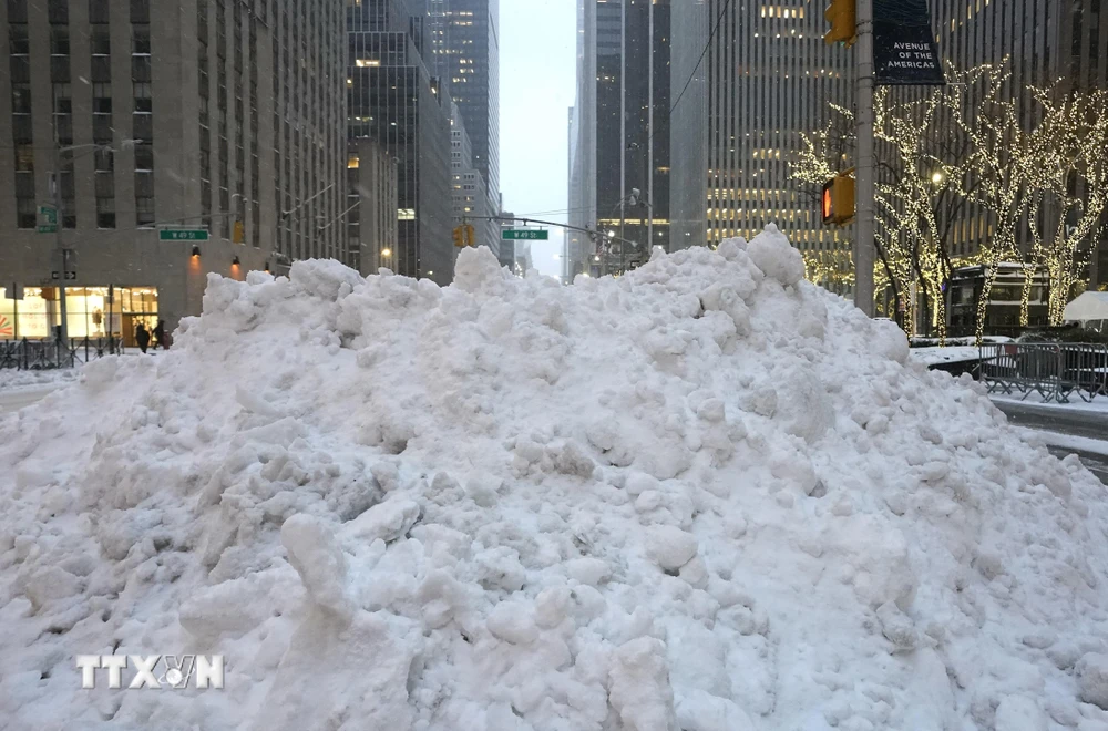 Tuyết rơi dày đặc tại New York, Mỹ. (Ảnh: AFP/ TTXVN)