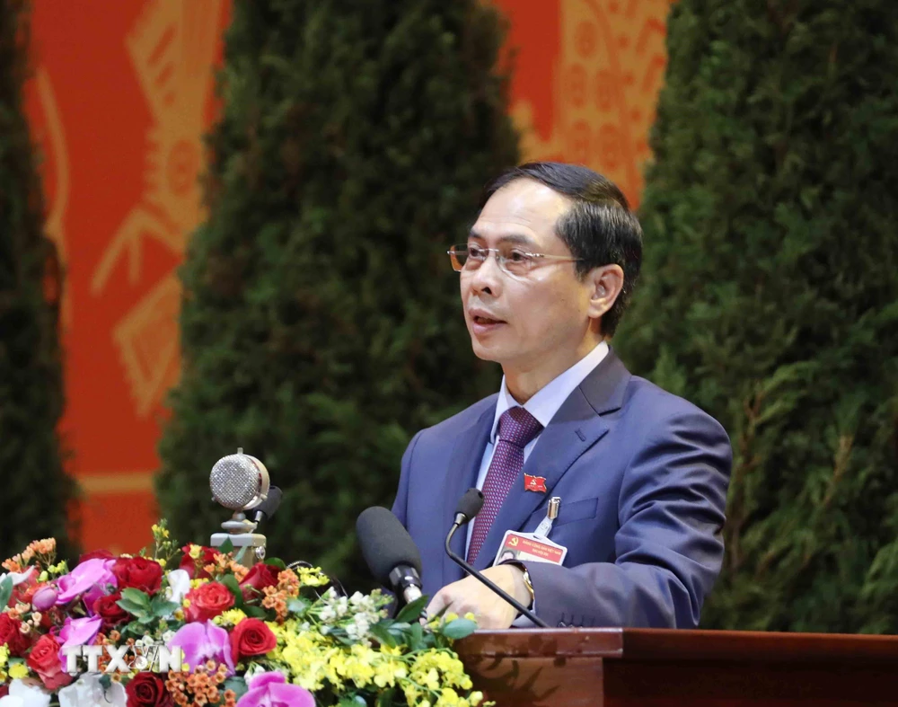 Đồng chí Bùi Thanh Sơn, Ủy viên Trung ương Đảng, Thứ trưởng thường trực Bộ Ngoại giao trình bày tham luận. (Ảnh: TTXVN)