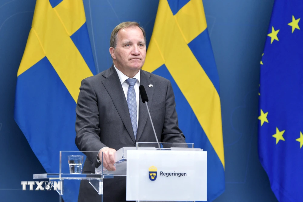 Thủ tướng Thụy Điển Stefan Lofven trong cuộc họp báo tại Stockholm, ngày 21/6/2021. (Ảnh: AFP/TTXVN)
