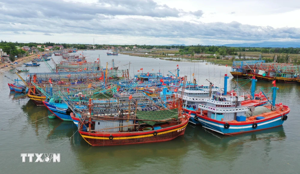Tàu thuyền của ngư dân tránh trú bão tại khu neo đậu Cửa Viêt. (Ảnh: Hồ Cầu/TTXVN)