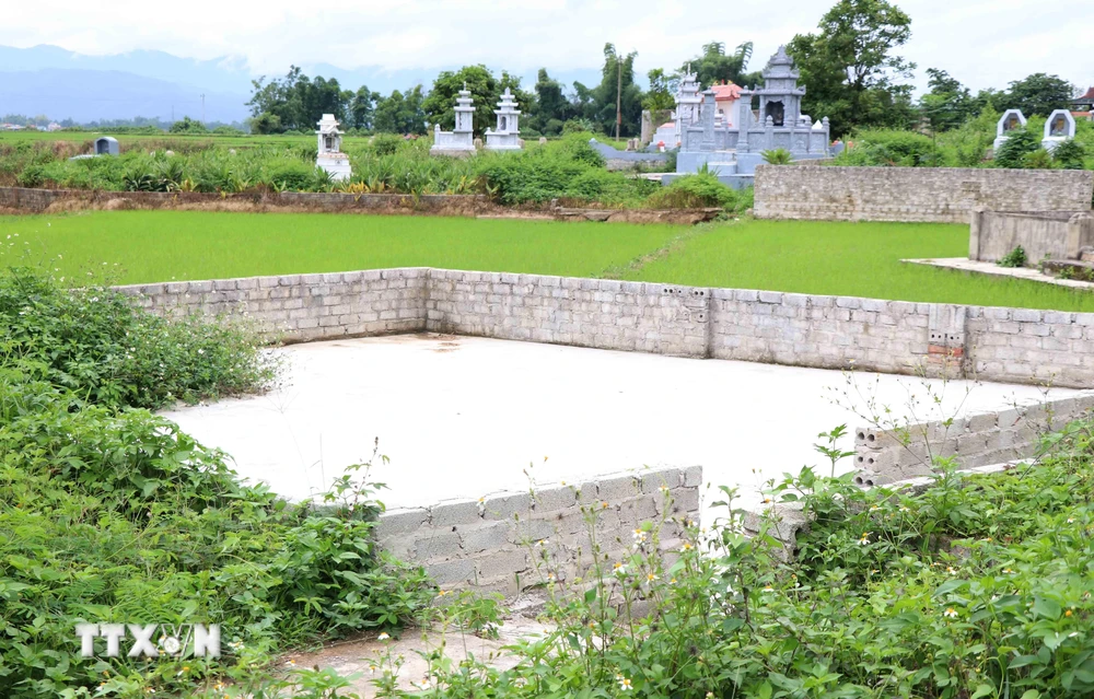 Hàng chục mét vuông đất nông nghiệp trồng lúa đã bị người dân xâm lấn, xây tường bao biến thành đất nghĩa trang. (Ảnh: Xuân Tiến/TTXVN)