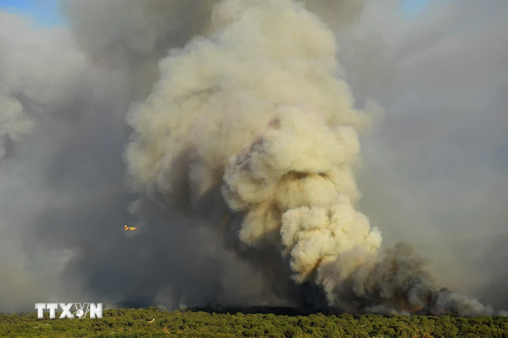 Khói bốc lên tại đám cháy rừng ở vùng Var, miền Nam nước Pháp ngày 17/8/2021.(Ảnh: AFP/TTXVN)