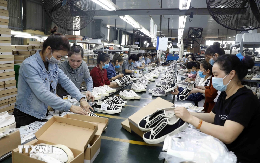 Sản xuất giày xuất khẩu tại Công ty TNHH Hóa dệt Hà Tây. (Ảnh: Trần Việt/TTXVN)