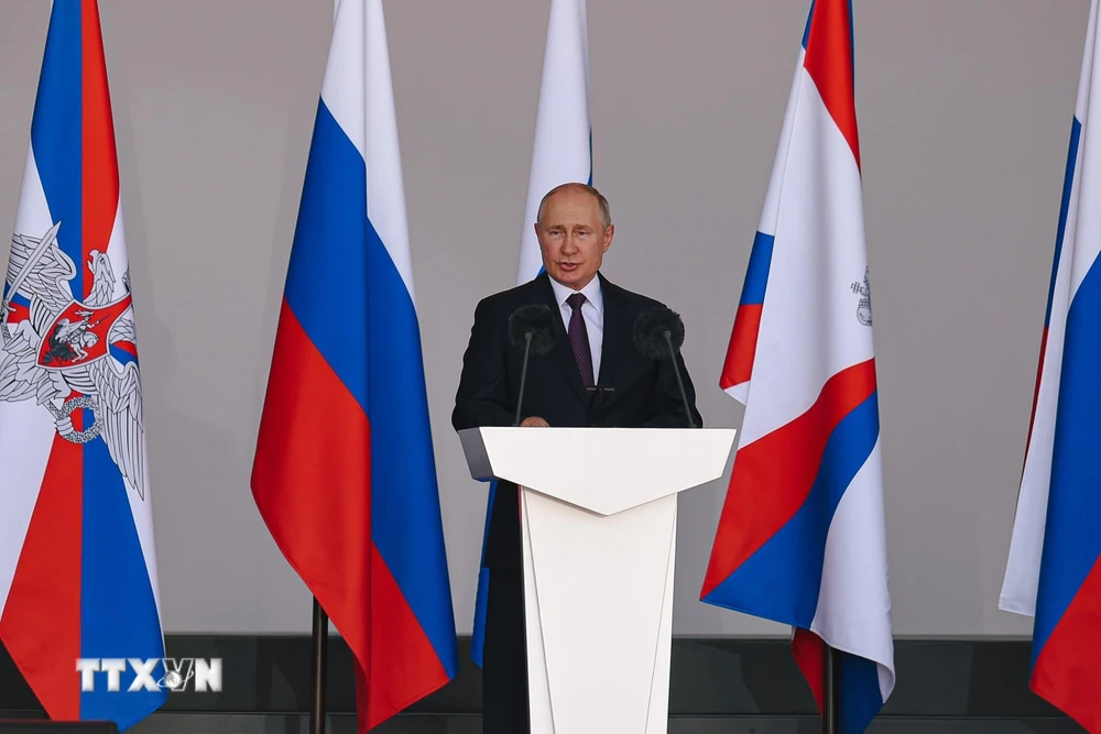 Tổng thống Nga Vladimir Putin phát biểu tại Moskva ngày 23/8/2021. (Ảnh: THX/TTXVN)