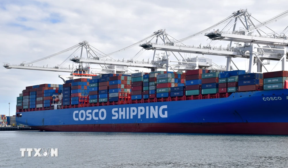 (Ảnh tư liệu): Tàu container của Hãng vận tải biển COSCO của Trung Quốc tại cảng Long Beach, Los Angeles (Mỹ) ngày 27/2/2019. (Ảnh: AFP/TTXVN)