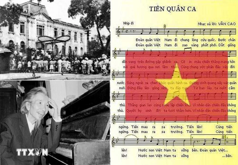 Nhạc sỹ Văn Cao và tác phẩm "Tiến quân ca." (Ảnh: TTXVN)