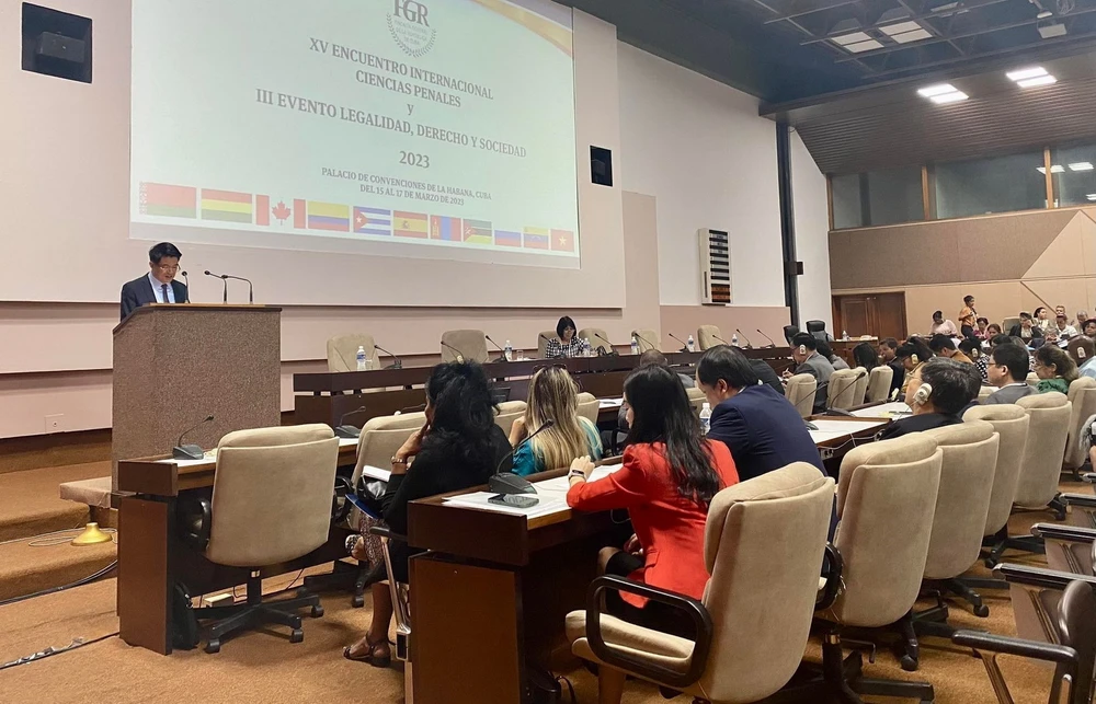 Việt Nam chia sẻ kinh nghiệm phòng chống tham nhũng tại Hội nghị quốc tế về Khoa học hình sự và Hội nghị lần thứ ba về Pháp quyền, Pháp luật và Xã hội tại Cuba tháng 3/2023. (Ảnh: Mai Phương/TTXVN)