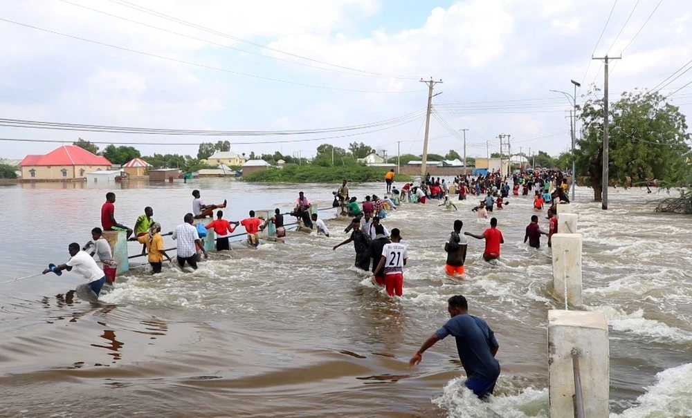 Người dân sơ tán khỏi vùng ngập lụt tại Hiran, Somalia ngày 15/11/2023. (Ảnh: AA/TTXVN)