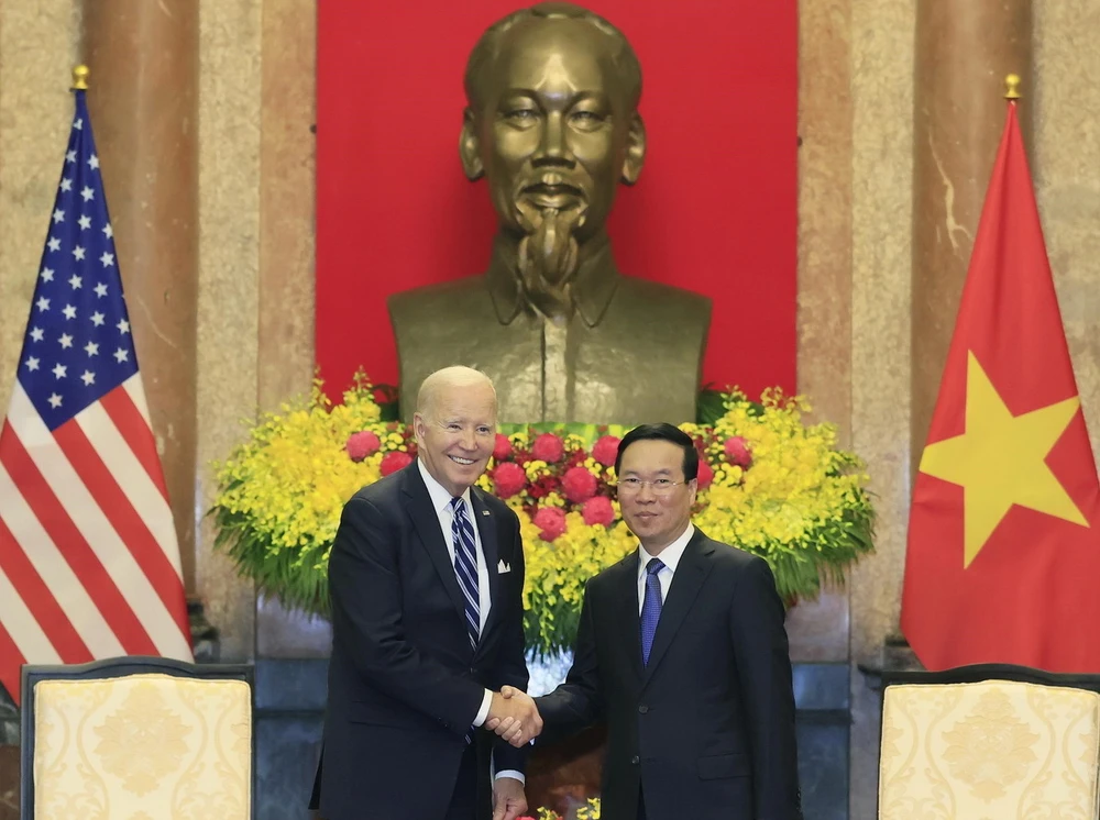 Chủ tịch nước Võ Văn Thưởng tiếp Tổng thống Hoa Kỳ Joe Biden có chuyến thăm cấp Nhà nước tới Việt Nam trong hai ngày 10-11/9/2023. (Ảnh: Thống Nhất/TTXVN)
