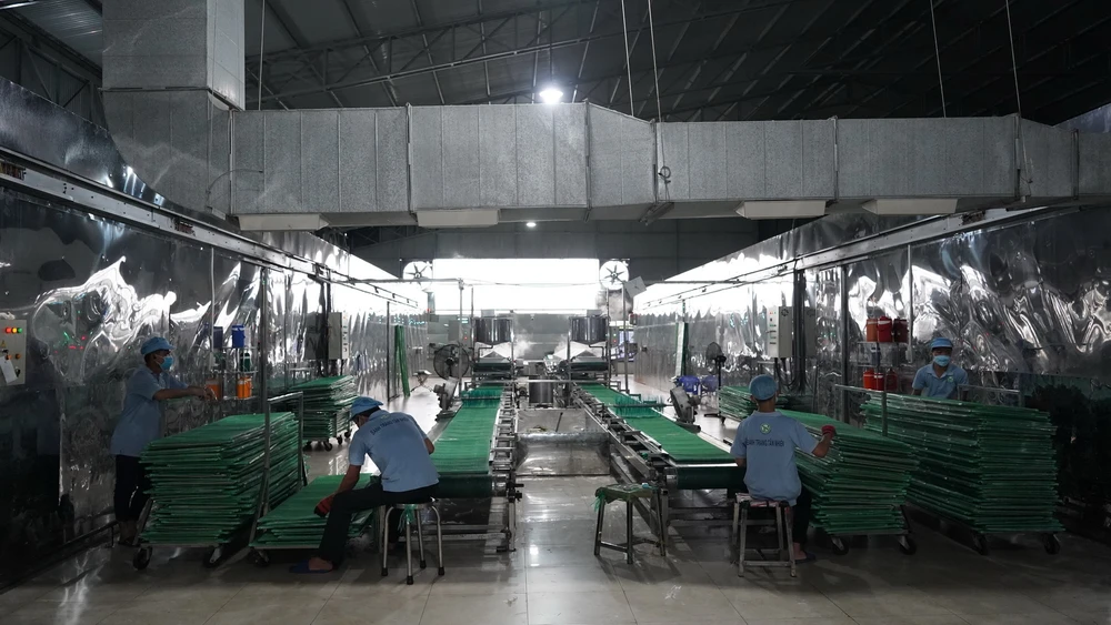 Dây chuyền sản xuất bánh tráng siêu mỏng đạt chuẩn OCOP tại Công ty TNHH Tân Nhiên, Tây Ninh. (Ảnh: Thanh Tân/TTXVN)