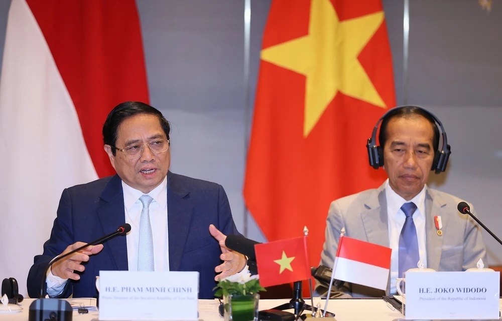 Thủ tướng Phạm Minh Chính và Tổng thống Indonesia Joko Widodo chủ trì Đối thoại doanh nghiệp cấp cao Việt Nam-Indonesia. (Ảnh: Dương Giang/TTXVN)