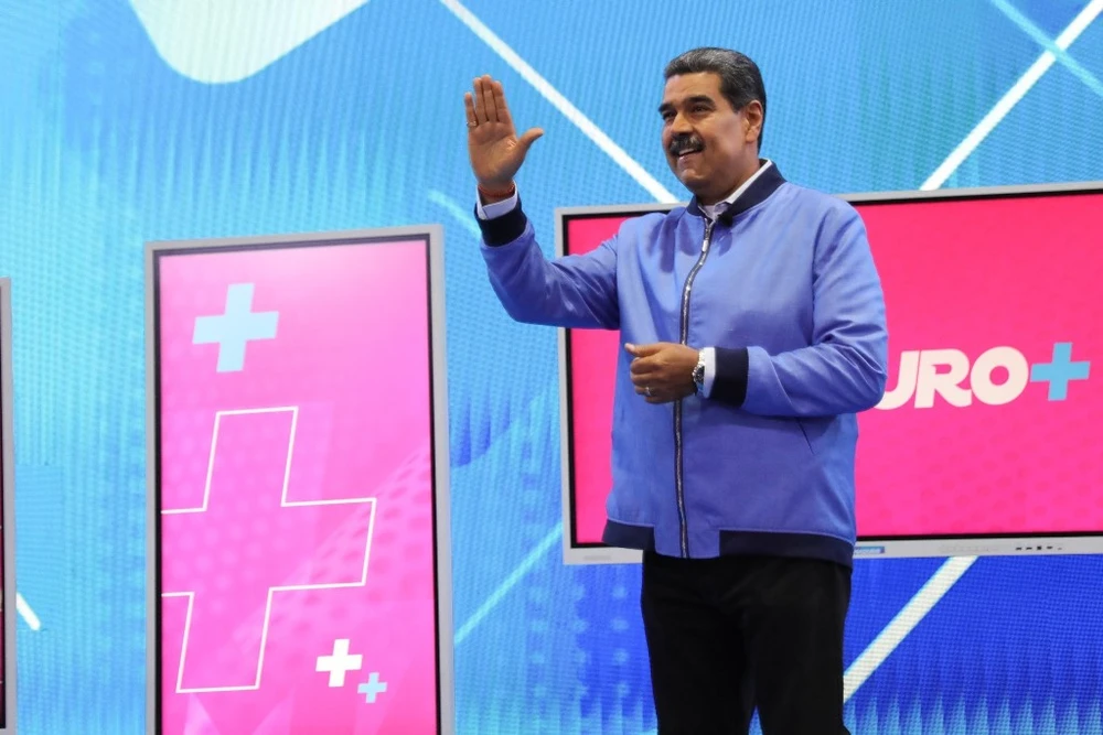 Tổng thống Venezuela Nicolas Maduro phát biểu trong một chương trình truyền hình ở bang Monagas ngày 11/3/2024. (Ảnh: AFP/TTXVN)