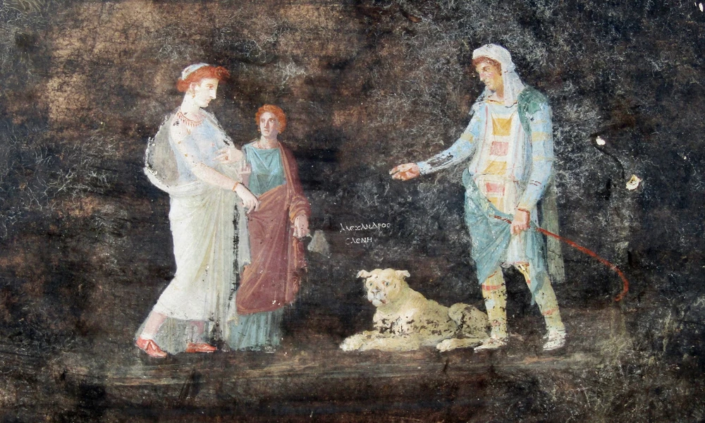 Bích họa mô tả Helen gặp Paris, hoàng tử của thành Troy, lần đầu tiên. (Ảnh: AFP/Getty Images)