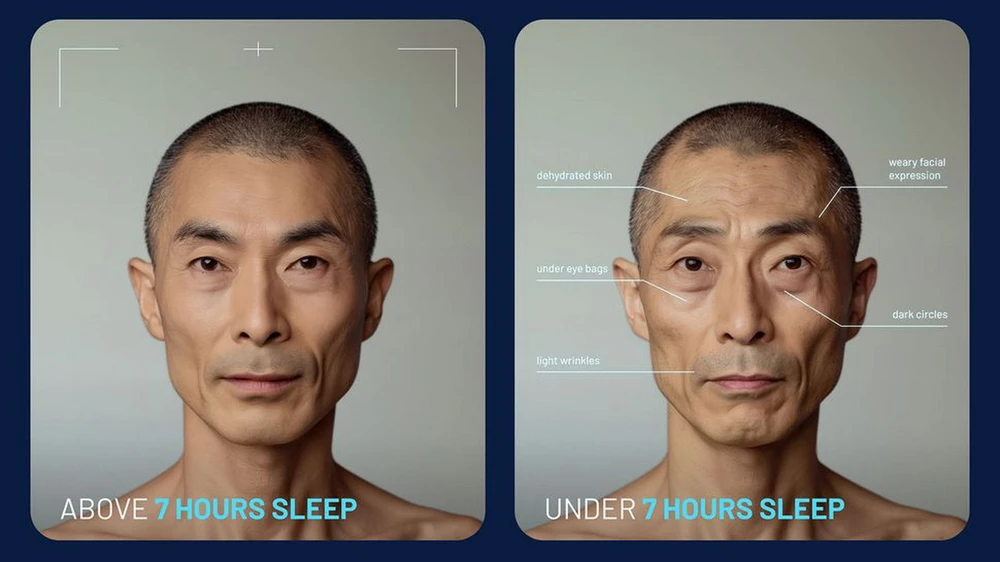 Hình ảnh AI mô phỏng diện mạo của một người khi ngủ đủ 7 giờ mỗi đêm (trái) và khi bị thiếu ngủ (phải). (Nguồn: Simba Sleep)