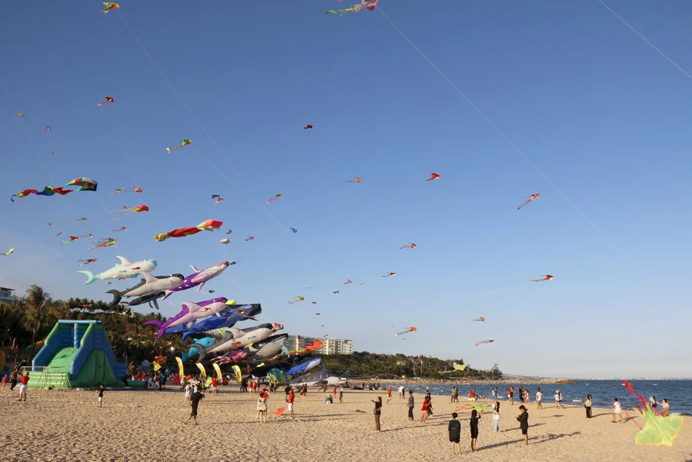Hàng trăm cánh diều tung bay trên bãi biển Phan Thiết - Bình Thuận. (Ảnh: Nguyễn Thanh/TTXVN)