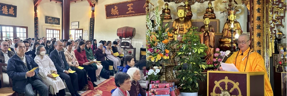 Tỷ kheo Thích Tâm Huy chủ trì Đại lễ Phật đản tại Trúc Lâm Thiền Viện. (Ảnh: Thu Hà/TTXVN)