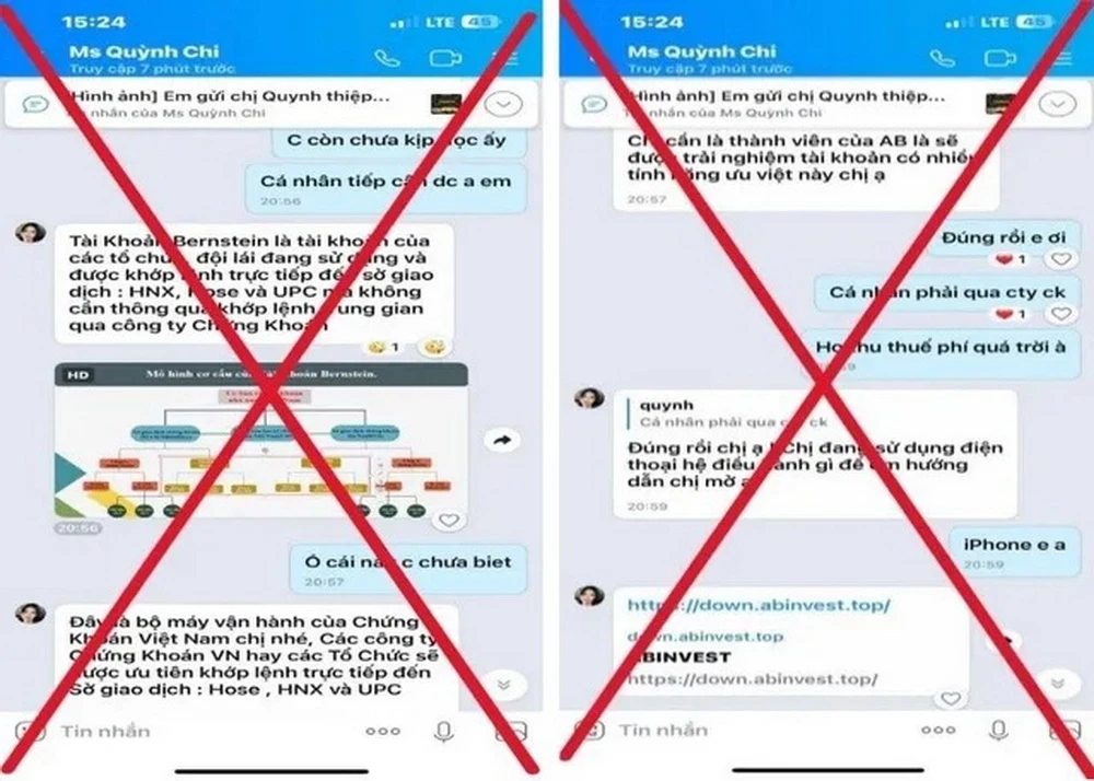 Tin nhắn các đối tượng mời chào bà Q đầu tư. (Ảnh: Cơ quan Công an cung cấp)